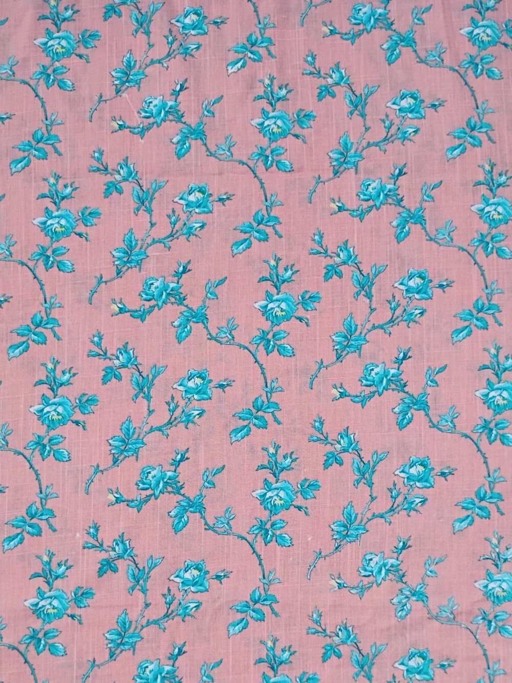 Vintage Floral Fabric Light Pink Turquoise Blue Rose Print Linen Look 6 Yds Aqua